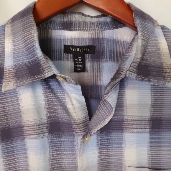 VAN HEUSEN MENS BLUE WHITE CHECKERED PATTERN PRINT SHIRT (PRE-OWNED) LARGE - Picture 2 of 7
